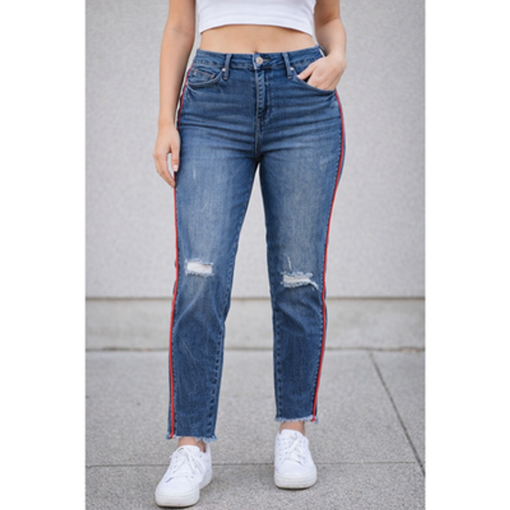 Mid rise ankle skinny 18W stretch distressed jeans red stripe EUC casual career
